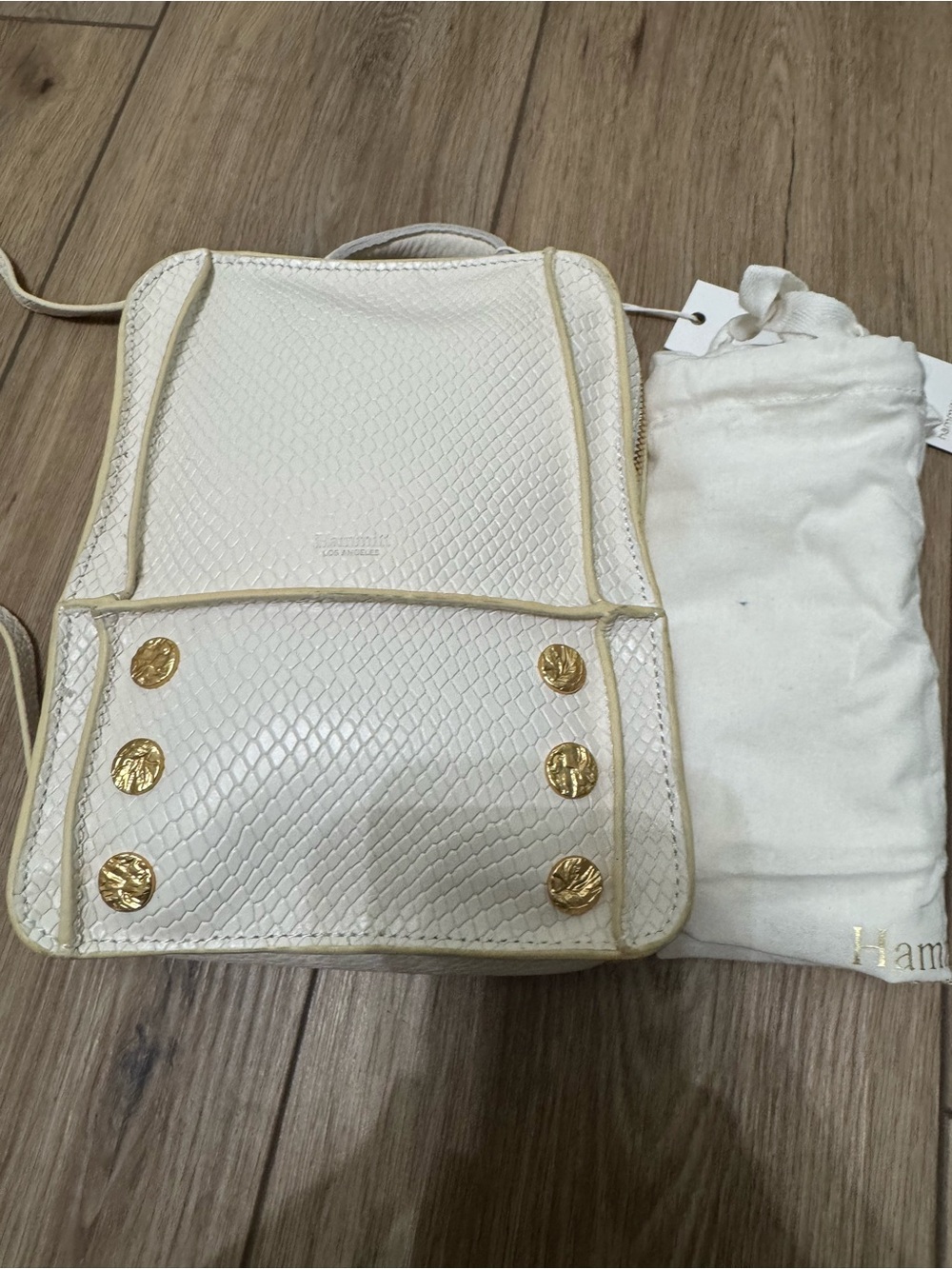 Hammitt White Textured Backpack with Gold Buttons